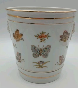 Vtg LJ Porcelain Cache Pot Planter Lion Head Handles Butterfly Botanical Gold - Picture 1 of 9