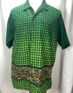 Tiki Hawaiian Button Up Basketweave Print Shirt Tropical Rockabilly Mens - Picture 1 of 8
