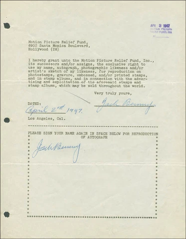 JACK BENNY - DOCUMENT DOUBLE SIGNED 04/02/1947 Cover