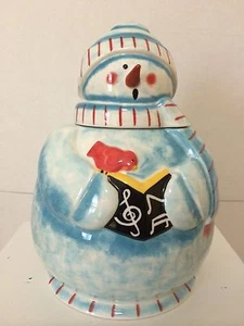 Ceramic Hand Painted Cookie Jar Blue Snowman 12" Tall w Lid Winter Lifestyles - Picture 1 of 11