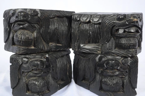 Asian Architectural Salvage 4 Hand Carved FOO LION DOG Wood Block Feet Pedestals Cover
