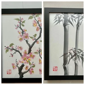 Rare Chinese Ink & Watercolor & Ink Paintings Signed Bamboo & Cherry Blossom - Picture 1 of 10