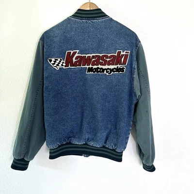 Vintage KAWASAKI racing style denim jacket Varsity Small S - Image 1 of 4