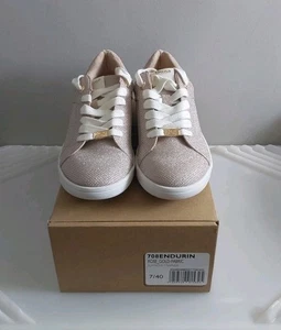 Dune Rose Gold Fabric Enduring Metallic-Print Woven Low Top Trainer UK 7 EU 40. - Picture 1 of 11