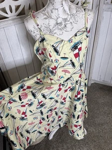 Bettie Page Pinup Retro A Line Fit Flare Yellow Beach Nautical Sundress Sz 14 - Picture 1 of 9