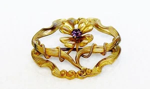 Antique Victorian Edwardian C Clasp Amethyst Brass Brooch Pin 4 Leaf Clover Nice - Picture 1 of 3