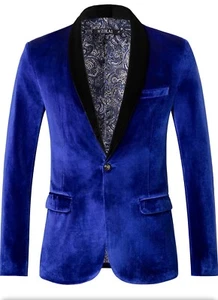 WZIKAI Jacket Men’s 2XL Blue Velvet Blazer Slim Fit Suit Sport Coat Wedding Prom - Picture 1 of 10