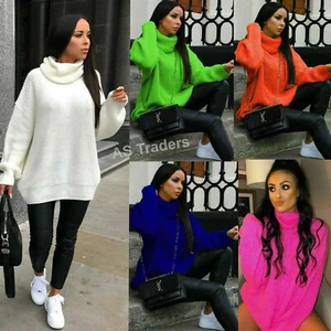 Women Chunky Knitted Baggy Ladies Oversized Jumper High Polo Roll Neck Top Dress - Picture 1 of 9