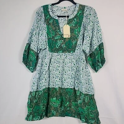 NUEVO Vestido Jodifl Mujer Boho Verde y Blanco Flor Pasión Floral Manga 3/4 Talla S Foto 1 de 4