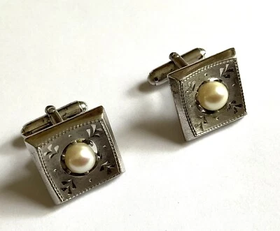 Vintage Heavy Sterling Akoya Cultured Pearl Cuff Links Accented w Hand Engraving - Image 1 of 4