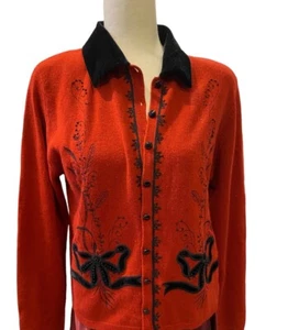 Red VTG Embroidered Sweater Cardigan Velvet Cottagecore Christmas Holiday Small - Picture 1 of 4