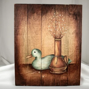 Oma Vintage Handarbeit Bauernhaus Ente Szene Ölgemälde Holz 17,75" L x 14,5" B - Bild 1 von 9