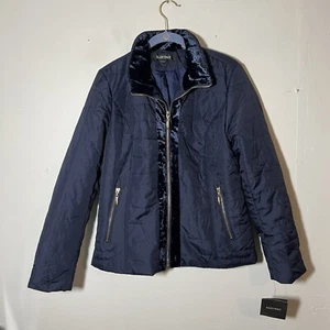 Ellen Tracy Women’s Full Zip Velvet Trim Quilted Blue Puffer Jacket Pockets - Picture 1 of 4
