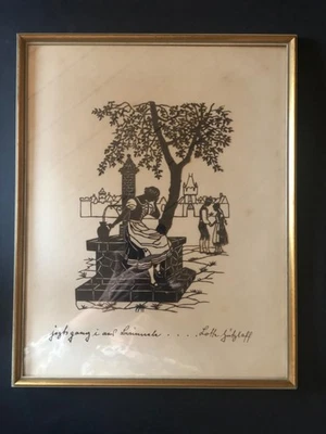 Scherenschnitt Bild - Lotte Gützlaff - 1920  "jetzt gang i ans Brünnele"  - Bild 1 von 4