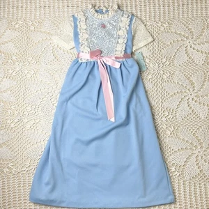 Vintage 1970s Jordan Marsh Girls 4t Blue Polyester Lace Yoke Maxi Dress - Picture 1 of 6