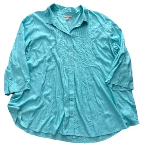 Woman Within Size 26/28 2X Button Up Blouse Top Blue roll tab rayon NWOT pleats - Picture 1 of 12