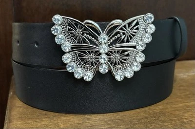 "Cinturón de imitación de cuero negro H&M talla 36-38 1-3/8"" ancho estrás mariposa Bkl EC"  Foto 1 de 4