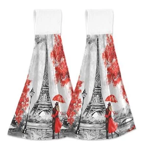 2 Pcs Hanging Hand Towels Soft Absorbent Red Paris Couple Towel For Kitchen Bath - Picture 1 of 7