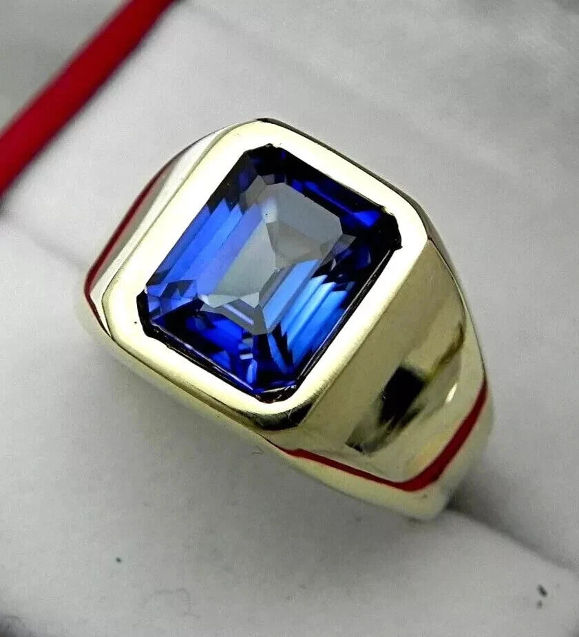 Anillo de compromiso de oro amarillo de 14 quilates con zafiro azul creado con esmeralda de 4 quilates FN Foto 1 de 4