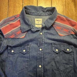 Gap 1969 Shirt XL Aztec Pearl Snap Blue Denim Long Sleeve Slim Fit Western - Picture 1 of 7