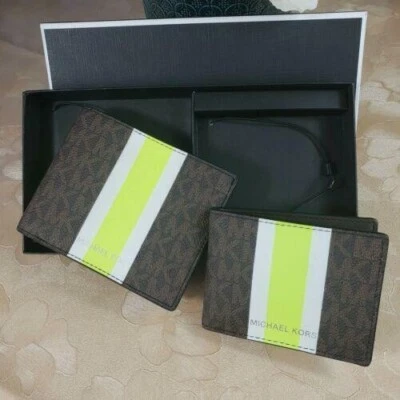 Michael Kors Billfold Wallet Box Set Brown Neon Green Logo 36H1LGFF1B NIB - Image 1 of 4