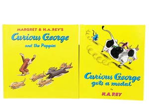 (2)-(1-CURIOUS GEORGE GETS A MEDAL)(1-Curious George  & The Puppies)-HA.Rey-1998 - Picture 1 of 14