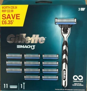 Gillette Mach3 Razor For Men 11 Refill Cartridges -1 Razor New With 3D Handle - Picture 1 of 3