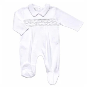 WHITE SMOCKED SLEEPSUIT BABY BOY GIRL UNISEX  SPANISH STYLE BABYGROW 0-3 MONTHS - Picture 1 of 5