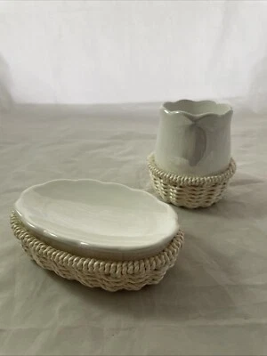 Juego de jabonera y vaso crema de mimbre y porcelana LaMont Foto 1 de 4