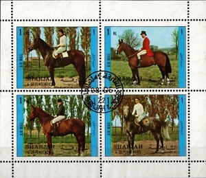 SHARJAH -UAE 1972 HORSES FOUR STAMPS SOUVENIR SHEET CTO MINT - Picture 1 of 6