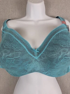 Lane Bryant Cacique Lightly Lined Balconette Bra Womens 50D Teal Lace Floral NEW - Image 1 of 4