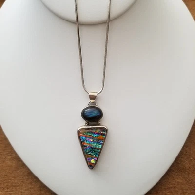 Vintage Dichroic Glass Labradorite PendantOn Sterling Chain Unisex  - Image 1 of 4
