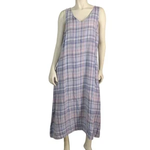 J.JILL Linen Dress, LP Petite, Blue/Pink Plaid, Pockets, Maxi long, V-neck - Picture 1 of 13
