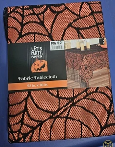 Halloween Black Spider Web Lace 52 x 70 Rectangle Tablecloth Orange Liner - Picture 1 of 3