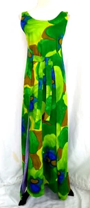 Vntg TAHITI IMPORTS RARE Green Floral Hawaiian Empire Wrap Muu Muu Maxi Dress 14 - Picture 1 of 19