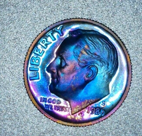 1986 S RAINBOW TONED Roosevelt Dime Proof 050 WOW! Cover