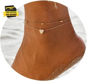 Gold Ankle Bracelets for Women 14K Gold Plated Summer Beach Layering Rhinestone - Picture 1 of 7