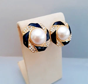 Vintage Kunstperlen Ohrclips Strass schwarz Emaille goldfarben - Bild 1 von 6
