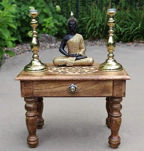 Mesa lateral de meditación altar de meditación santuario tallada en madera de mango maciza (Luna triple) - Imagen 1 de 7