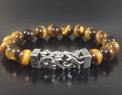 PULSERA DE CUENTAS OJO DE TIGRE PARA HOMBRE PLATA ESTERLINA SÓLIDA 925 INTRINCADO ENCANTO DE FILIGRANA Foto 1 de 3