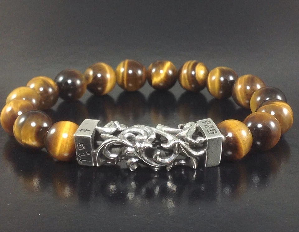 PULSERA DE CUENTAS OJO DE TIGRE PARA HOMBRE PLATA ESTERLINA SÓLIDA 925 INTRINCADO ENCANTO DE FILIGRANA Foto 1 de 3