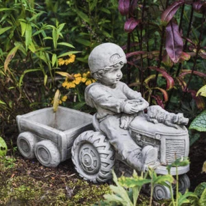 Boy & Dog on Tractor with Small Trailer Garden Planter Set Concrete Cast Statue - Picture 1 of 8