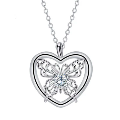 European Women Hollow Butterfly Heart Pendant Necklace Chain Silver Plated - Image 1 of 4