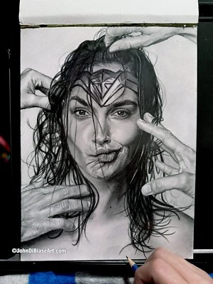 Gal Gadot Wonder Woman Pencil Drawing 9” x 12” Portrait Artwork, Snow White - Image 1 of 2