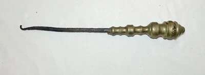 rare antique 1700's wrought iron turned brass English fireplace flue handle tool - Image 1 of 4