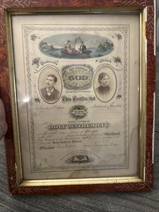 Antico certificato di matrimonio 1880. Cornice in legno con vetro. Autentico! - Foto 1 di 9