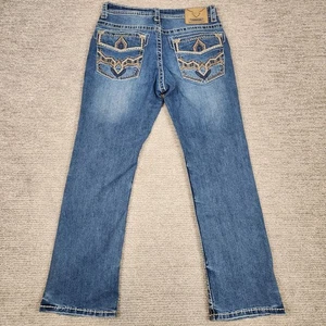 Western Blue Straight Jeans Herren 32x30 dicke Nähte Denim Stickerei Kunstleder - Bild 1 von 12