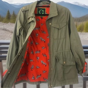 Y2K C.Wonder SzM Green Cargo Military Jacket With Zebra Lining  Snap Button Chic - Picture 1 of 7