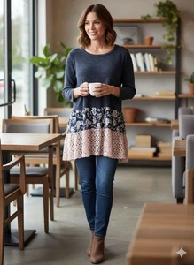 Oddy Blue Floral & Pink Lace Tunic Top L /xl boho coquette - Picture 1 of 5