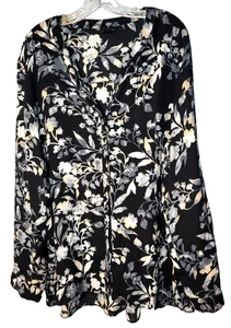 Simply Emma schwarz Blumenmuster V-Ausschnitt versteckte Knopfleiste Rollriegel Shirt 3X Karriere - Bild 1 von 15